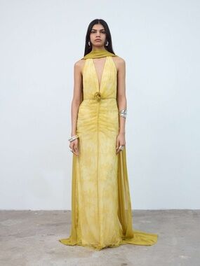 Plunge Halter Maxi Gown in Yellow with Rosette Waist